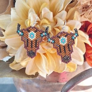 Handcrafted Beaded Bull Skull Earrings